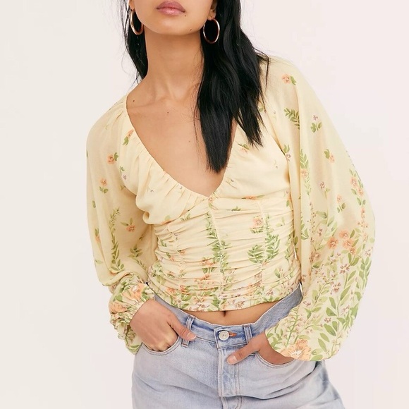 Free People Final Rose Ruched Fitted Bodice Yellow Floral Bohemian Blouse size S - Picture 1 of 9